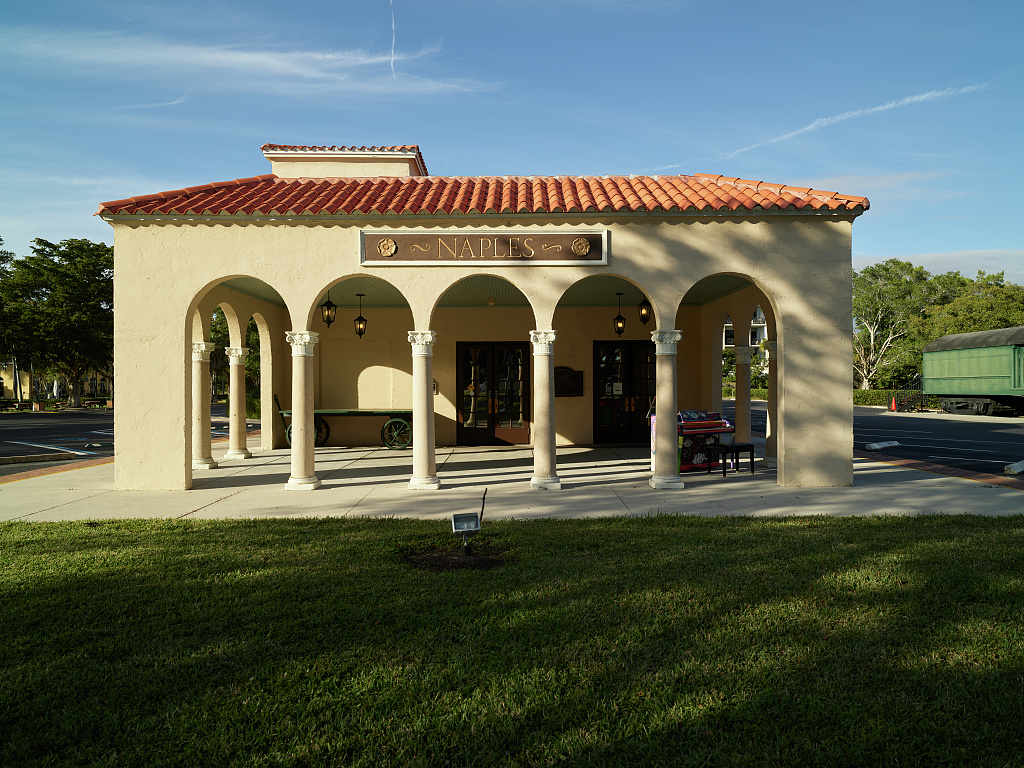The arcaded 1926 Naples, Florida train depot, a Mediterranean-revival civic building that is now a museum